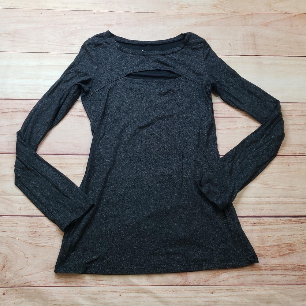 Express Shirt Women M Black Long Sleeve Slim Stretch Glitter Round Neck Metallic